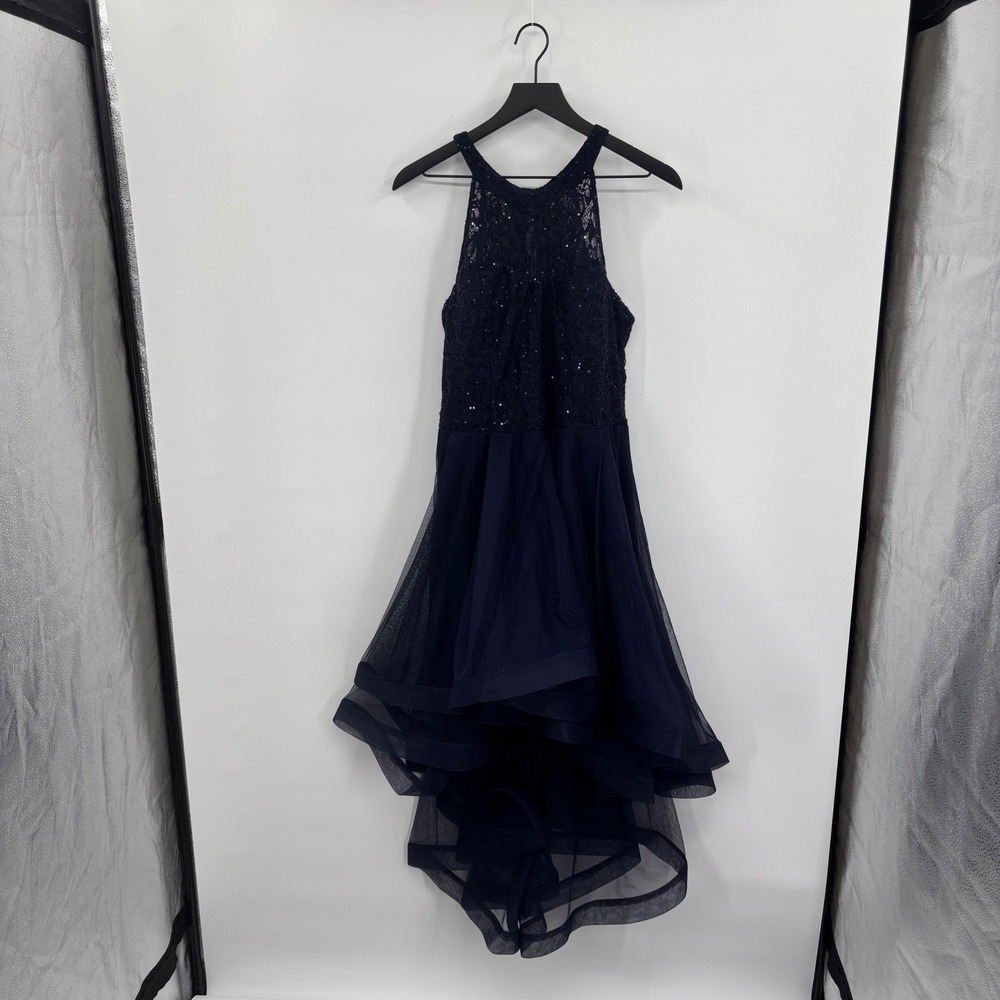 Speechless High-Low Dress Women 13 Navy Blue Sequin Lace Halter Prom Formal Gown